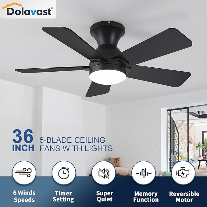 Ceiling Fans with Lights, 36 Inch Low Profile Ceiling Fan with Light and Remote Control, Flush Mount, Reversible, 3CCT, Dimmable LED, Quiet, Black Ceiling Fan for Bedroom, Kitchen, Office