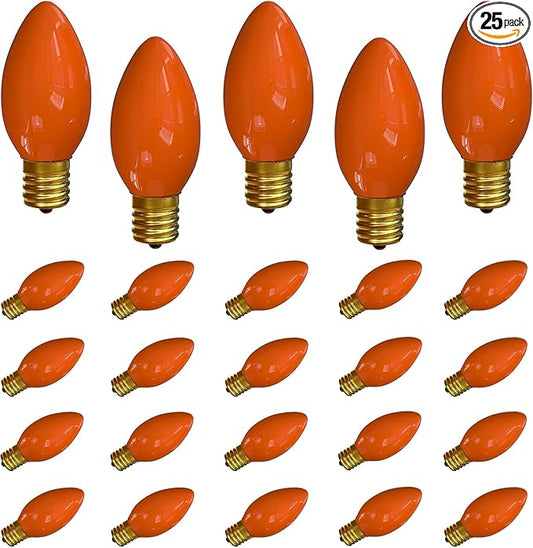 SUNSGNE 25 Pack C9 Orange Outdoor Halloween Night Light Bulbs, C9 Christmas Tree Lights for Indoor Outdoor Patio Strings, E17/C9 Intermediate Base, 7 Watt, Ceramic Orange