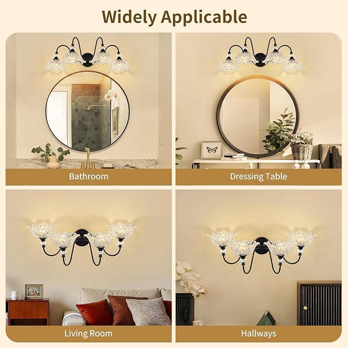 4-Light Matte Black Bathroom Vanity Light, Farmhouse Vanity Light with Floral Clear Glass Shades, Vintage Wall Mount Lighting for Bathroom