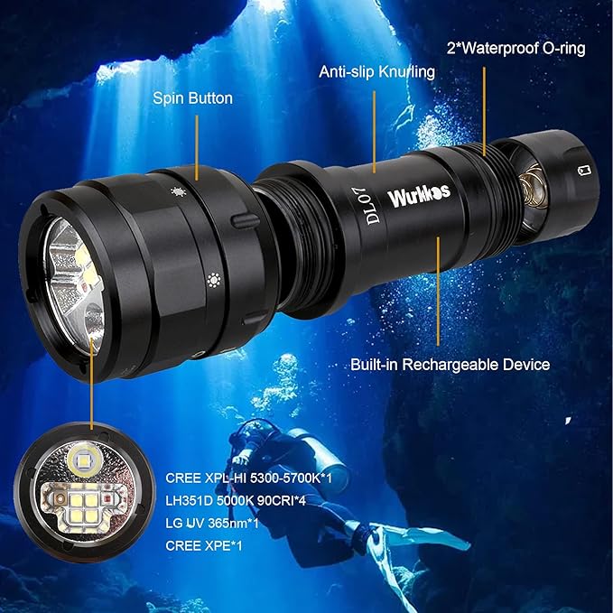 Wurkkos DL07 Diving Flashlight Rechargeable Scuba Dive Light, 3000 Lumens Dive Lights, IPX8 Waterproof, 135 ° Beam Angle Underwater Flashlight High 90 CRI Dive Video Photography Light with Ball Joint