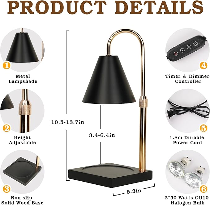 Candle Warmer Lamp with Timer Dimmer, Electric Candle Lamp Warmer for Bedroom Decor, Birthday Gifts for Women Mom, Height Adjustable Metal Candle Lamp, Home Decor for House Warming Gifts, Black