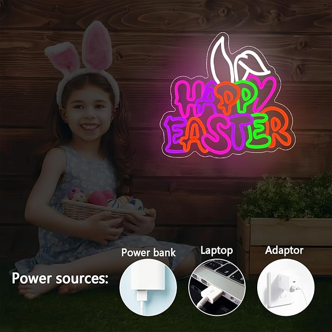 Happy Easter Neon Sign, Easter Neon Bunny Ears Neon LED Lights, Easter Wall Decor Party Home Room Decor, Wall Decor, Easter Gift for Kids