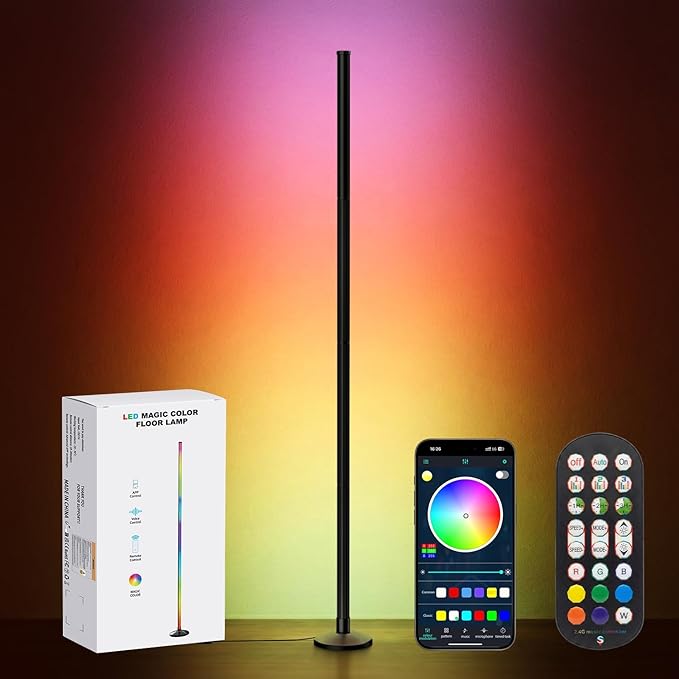 Corner Floor Lamp Smart RGB LED Corner Lamp with Music Sync, App and Remote Control Color Changing Ambience Light, Timing for Living Room, Bedroom, Gaming Room