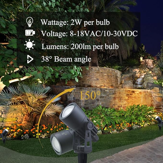 Outdoor Mini Spotlights, MR11 LED Bulb 12V Low Voltage Landscape Spotlight 2W 200lm, 2700K Warm White IP65 Waterproof Aluminum Light Fixture, 1 1/4" Short Head 2-Count