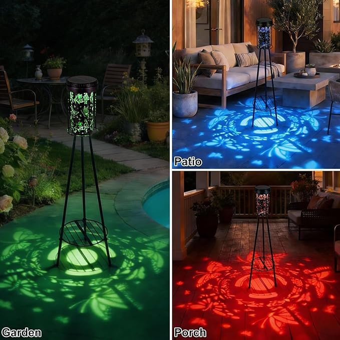 Solar Floor Lamps Outdoor RGB Butterfly Projection Metal Cordless Floor Lamp with Plant Stand,42.48 Inch Waterproof Decorative Garden,Patio,Porch,Yard,Path,Light,Black
