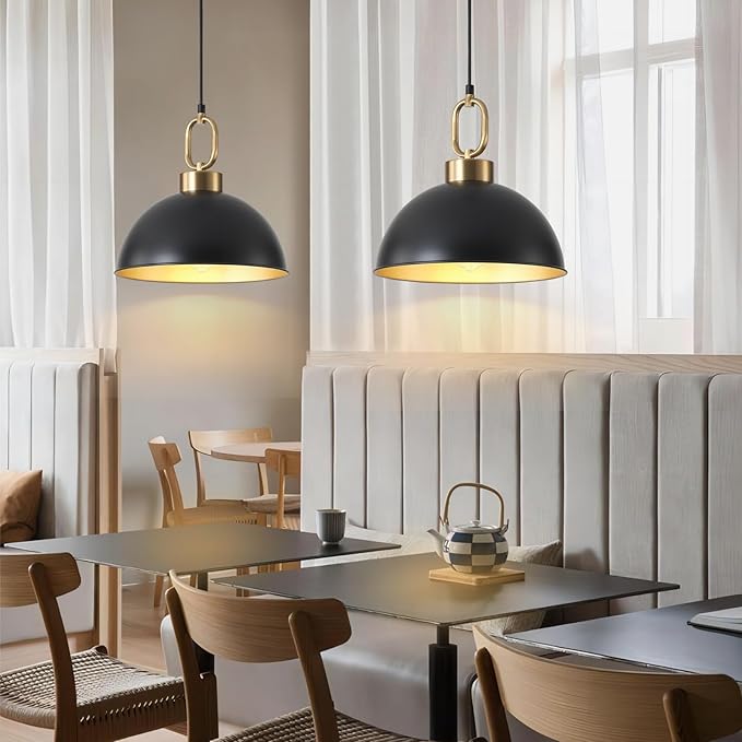 12.2 Inch Matte Black Pendant Lights Kitchen Island, Farmhose Kitchen Island Lighting, Adjustable Height Modern Dome Pendant Light Fixture for Dining Living Room Bar 2 Pack