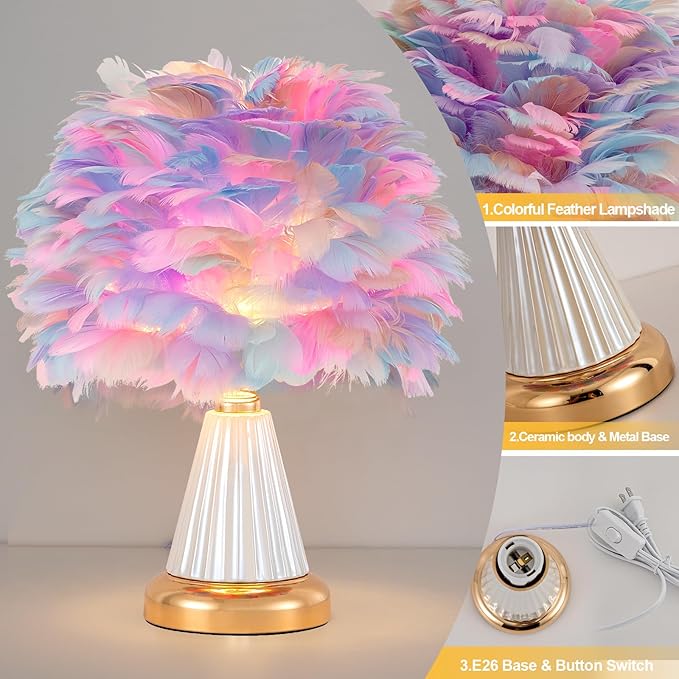Colorful Feather Table Lamp Cute Ceramic Fluffy Bedside Lamp Princess Furry Nightstand Light Girl Romantic Desk Lamp for Girl Bedroom Living Room Office Nursery Valentines Wedding Decor