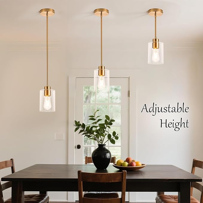 MAYNA 2-Pack Brushed Brass Pendant Lights, Elegant Glass Hanging Lighting with Bulbs, Adjustable Rods Modern Fixtures for Kitchen Island, Breakfast Bar