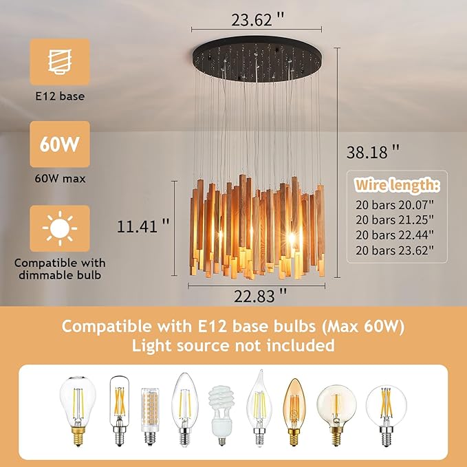 8 Light Farmhouse Wood High Ceiling Chandelier Rustic Large Ceiling Light Fixture Hanging Pendat Light for Dining Room Living Room Foyer Staircases Kitchen Island.