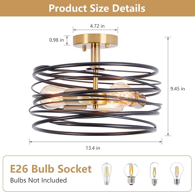 Black Rustic Drum Semi Flush Ceiling Light with 3-Light Brass Base, Modern Gold Farmhouse Chandeliers Metal Cage for Dining Room, Industrial Pendant Light for Entryway Kitchen Foyer Bedroom