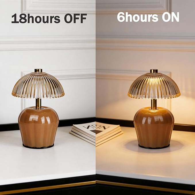 MJ PREMIER Small Cordless Lamp, Battery Operated Lamp with Timer, Mini Crystal Glass Mushroom Lampshade, Cute Small Table Lamps, Decorative Led Light for Bedroom Living Room Shelf (Brown)