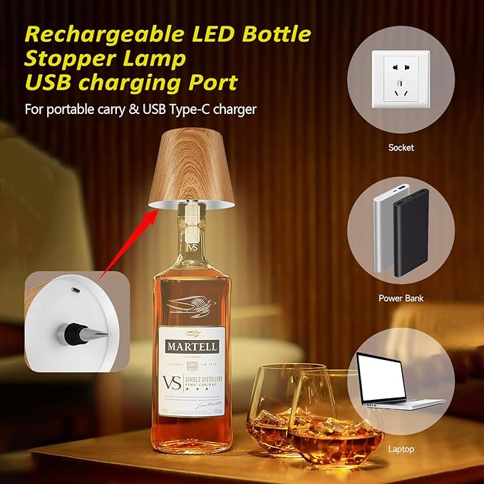 2025 New Bottle Lamp - LED Bottle Lights for Liquor & Wine Bottles, Cordless Lampshade, Whiskey Bottle Top Light, Bottle Stopper Night Light Kit, Rechargeable 3-Tone Touch-Dimmable