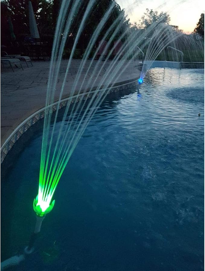 Water Powered Swimming Accessory Sprinkler Aerates with Color Changing LED Light Bulb for Use with 1.5 Inch Outlets (2 Pack)