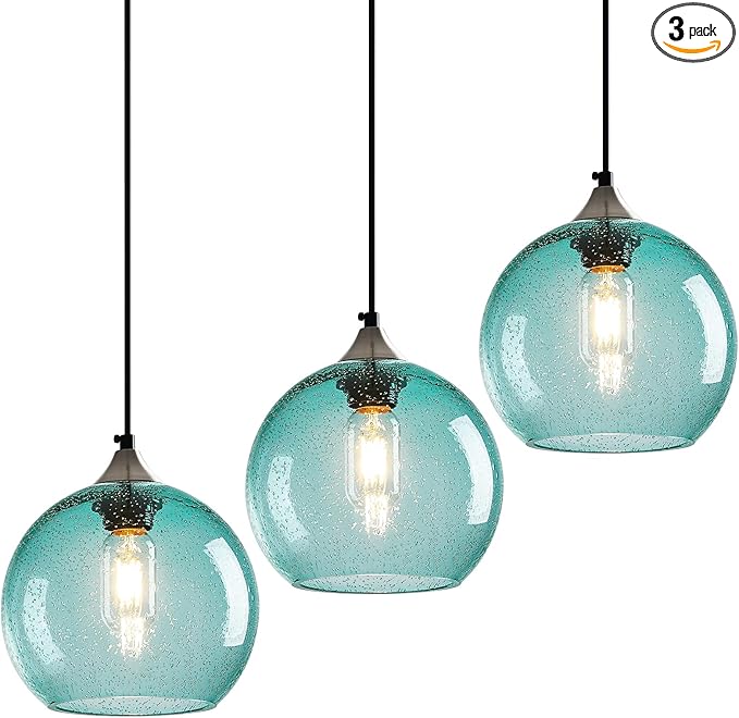 Light Blue Glass Pendant Lights Kitchen Island Lighting Globe Pendant Light Fixtures Modern Pendant Lighting for Bedroom Living Dining Room Light Fixture (7.87 in, 3 Pack)