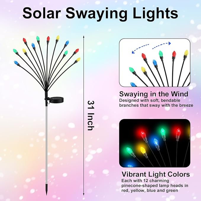 4 Pcs St Patricks Day Outdoor Decorations Solar Lights Waterproof Green 48 LED Swaying Pathway Firefly Stake Lights for Outside Yard Garden Lawn Decorations(Multicolor,Pine Cone)
