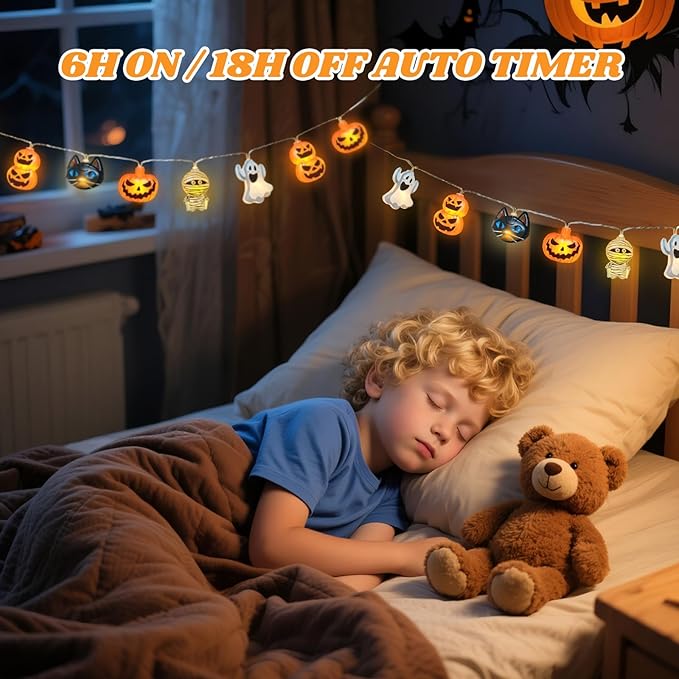 Halloween String Lights Indoor: 9.84 FT 20 LED Battery Operated Pumpkin Ghost Cat Lighted Decorations – 8 Modes Waterproof Timer for Window Porch House Room Bedroom Party Decor