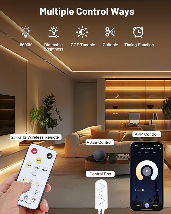 COB LED Strip Lights 32.8ft, Dimmable White CCT Tunable 2300K-6500K, DC 24V High Lumen Cuttable LED Tape Light, 6080 LED 48W CRI 90, APP Remote Control, Music Mode, For Home DIY, Living Room, Bedroom