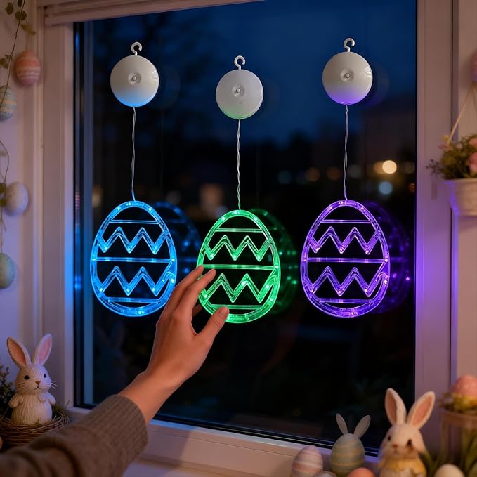 Easter Window Lights Decorations, 3 Pack Easter Hanging Window Decor Purple Green Blue Egg Lights with Suction Cup, Indoor Battery Operated Egg LED Holiday Lamp for Door Window (Purple Green Blue)