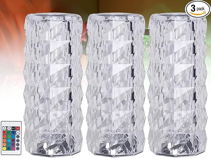 16 Colors Rose Rays Crystal Diamond Table Lamp, Touch Control Acrylic Column Light with Remote, Type-C Rechargeable, 360 Degree Transparent Shade for Bedroom Desk Décor (3, Large)