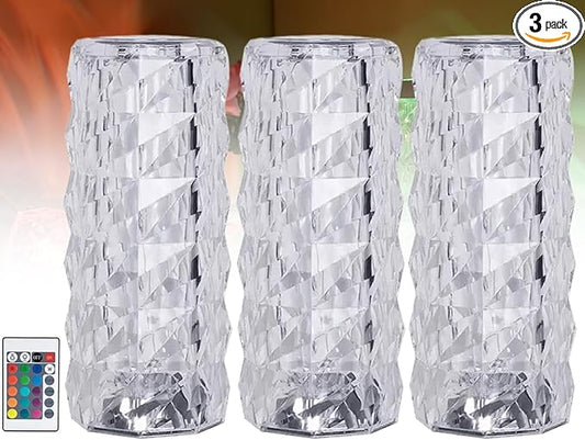 16 Colors Rose Rays Crystal Diamond Table Lamp, Touch Control Acrylic Column Light with Remote, Type-C Rechargeable, 360 Degree Transparent Shade for Bedroom Desk Décor (3, Large)