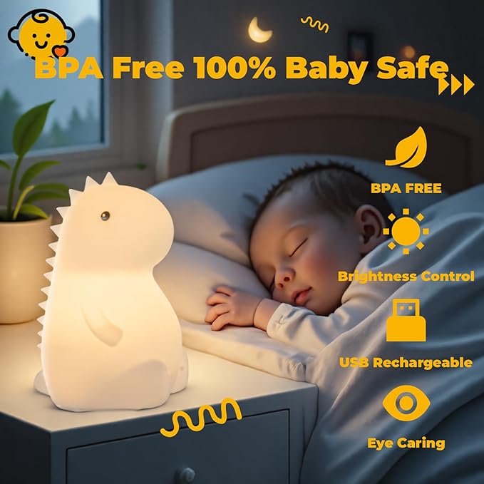 Adorable LED Squishy Animal Night Light - 2 Level Dimmable Nursery Lamp for Kids, Rechargeable Touch Lamp, Cute Dorm Decor - Perfect Baby Boys Girls Gift (Little Dinosaur)
