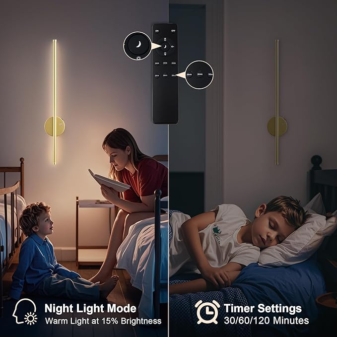 Motion Sensor Battery Operated Wall Sconce Set of Two - Modern Rechargeable Wireless Wall Lights with Remote Control, Dimmable, 3000K/4000K/6000K, Timer for Living Room, Hallway,23.6 Inch, Gold