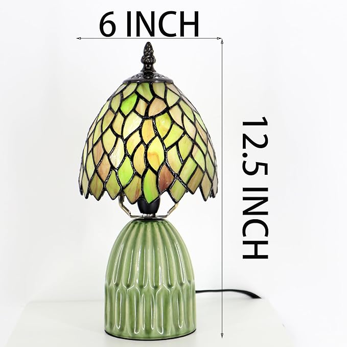 Tiffany Lamp Stained Glass Mushroom Table Lamps 6X6X12.5 Inch Brownish Green Leafage Style Small Night Light Ceramic Base Mini Accent Desk Light Suitable for Bedside Table Bedroom Children Room