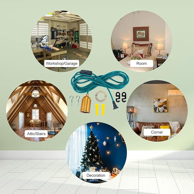 Hanging Light with Plug in Pendant Kit Cord Rope Lamp Bulb Socket Teal Exposed Lantern Fabric Cloth Switch Fixture with Braided Cords Industrial Porcelain Gold Holder DIY Swag Lighting 15ft 2 Set