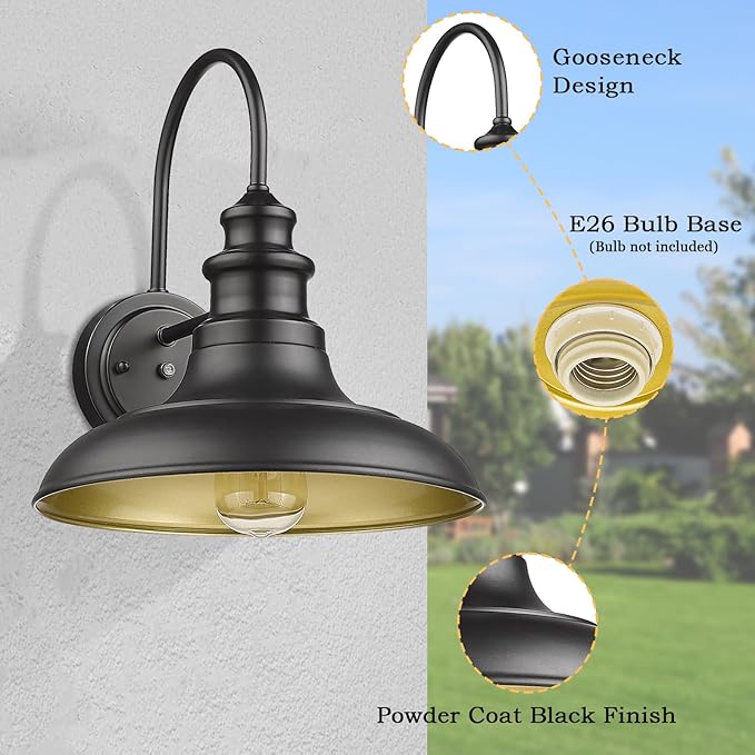 Dusk to Dawn Sensor Outdoor Barn Light Fixture, 12.3 Inch Dome Outdoor Wall Sconce Farmhouse Wall Mount Lights Exterior Gooseneck Light Fixture Black Finish Industrial Wall Lantern for Porch, 2Pack