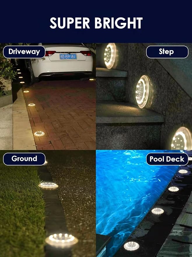 Solar Dock Lights, Bright Disc LED Outdoor Waterproof, Anti-Slip & Anti-Trip Flat Low Profile for Marine, Deck, Ground, Pool, Pier, Pathway, Step (Warm White, 12Pack)