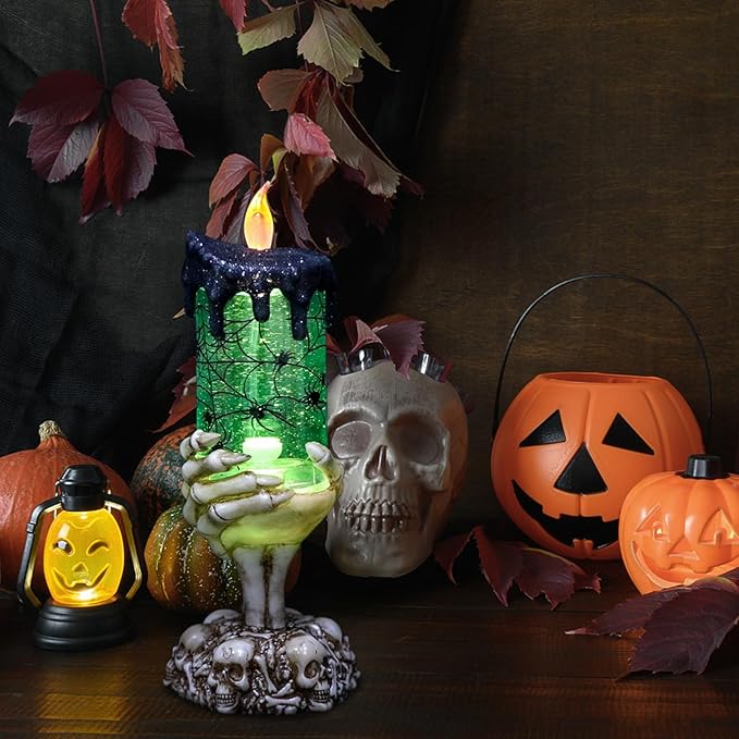 DRomance Halloween Snow Globe Flameless Candle with Timer, Battery Operated Tornado Lamp Skeleton Hand Candle Holder Green Light Glittering Spinning Water Halloween Table Decor(Spider, 4" x 10")