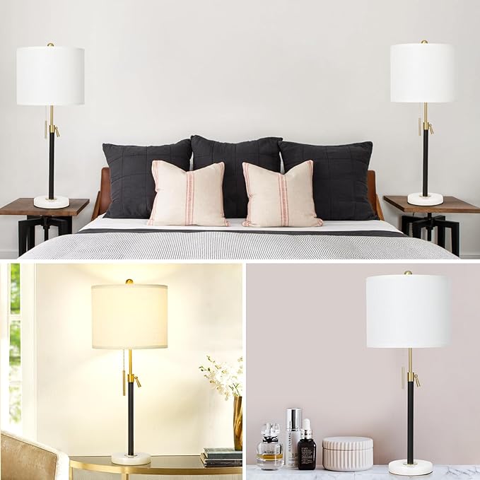 Black and Gold Table Lamps Set of 2: 22" to 30" Height Adjustable Nightstand Lamps with White Linen Shade | Pull Chain Switch | Marble Base - 3 Way Dimmable Beside Lamp for Bedrooms Living Room