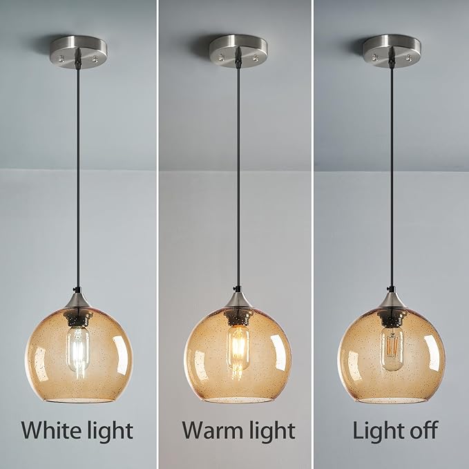 Light Brown Glass Pendant Lights Kitchen Island Lighting Globe Pendant Light Fixtures Modern Pendant Lighting for Bedroom Living Dining Room Light Fixture (7.87 in, 3 Pack)