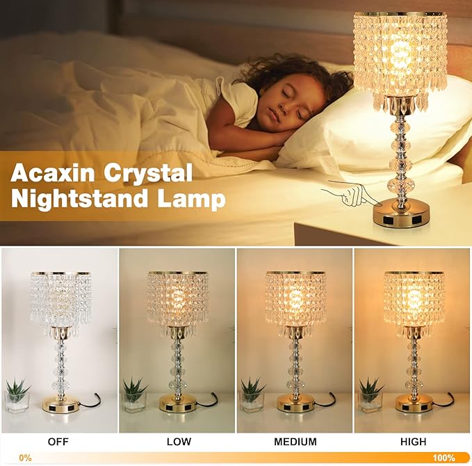 Acaxin Crystal Table Bedside Lamp Touch Control, 3-Way Dimmable Small Nightstand Lamp with 2 USB Charging Ports, Decorative Gold Tabletop Lamp for Bedroom, Living Room and Guest Room