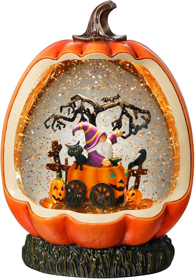 Halloween Snow Globe Lantern with Pumpkin Halloween Decorations Indoor for Home, Lighted Halloween Decor with Black Cat Gnome Timer Swirling Glitter, USB or Battery Operated