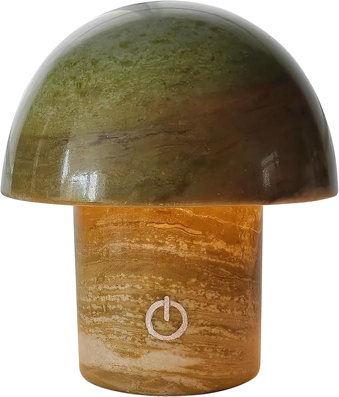 Natural Stone Mushroom Lamp - Jade Gemstone Night Light with LED, Touch Control 3 Brightness, USB Rechargeable Bedside Table Decor Gift