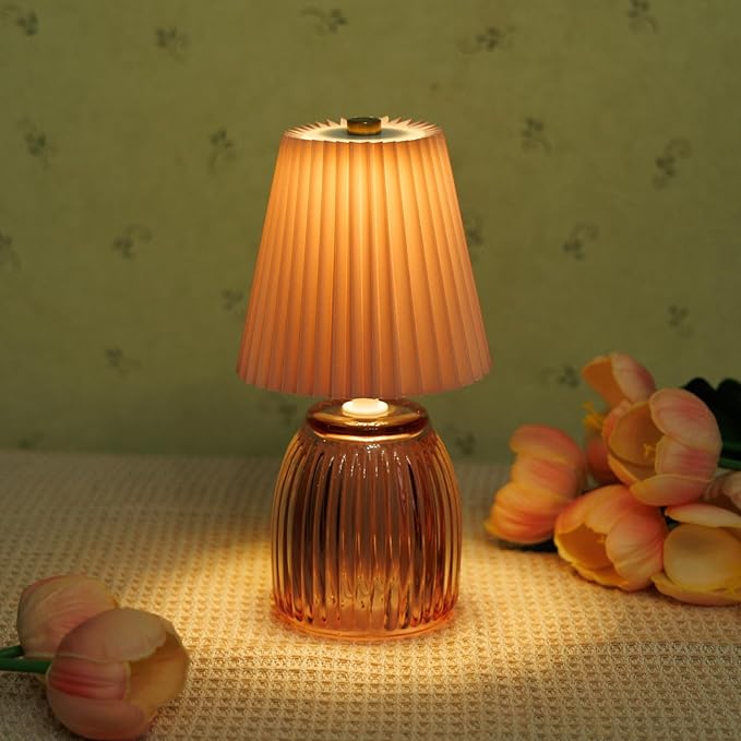 MJ PREMIER Small Battery Operated Lamp for Home Cordless Lamps with Timer 8.7 in High Battery Powered Pleated Lamp Emergency Small Lamps for Cozy Bedside Living Room Shelf Entryway Pink