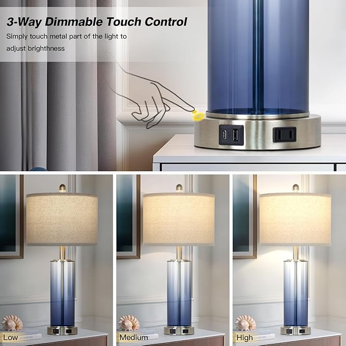 26" Glass Table Lamp Single, 3-Way Dimmable Touch Control Living Room Lamp with USB C+A Ports & AC Outlet, Coastal Bedside Lamps, Bedroom Lamps for Nightstand Side End Table Desk, Blue-1PK