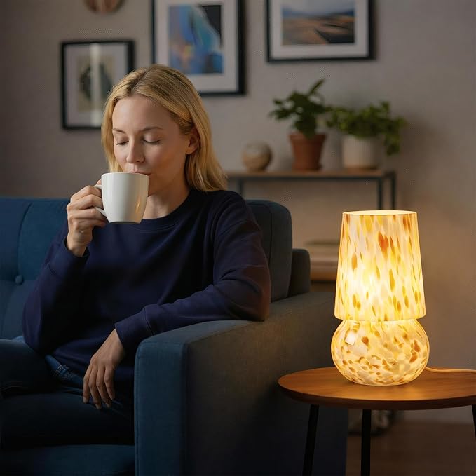 9.8 Inch Mushroom Table Lamp, UL Listed Dimmable Small Desk & Bedside Lamp with Woven Beige Cord, Handcrafted Pattern, Murano Home Decor for Bedroom, Living Room, Entryway (Cream Gold)
