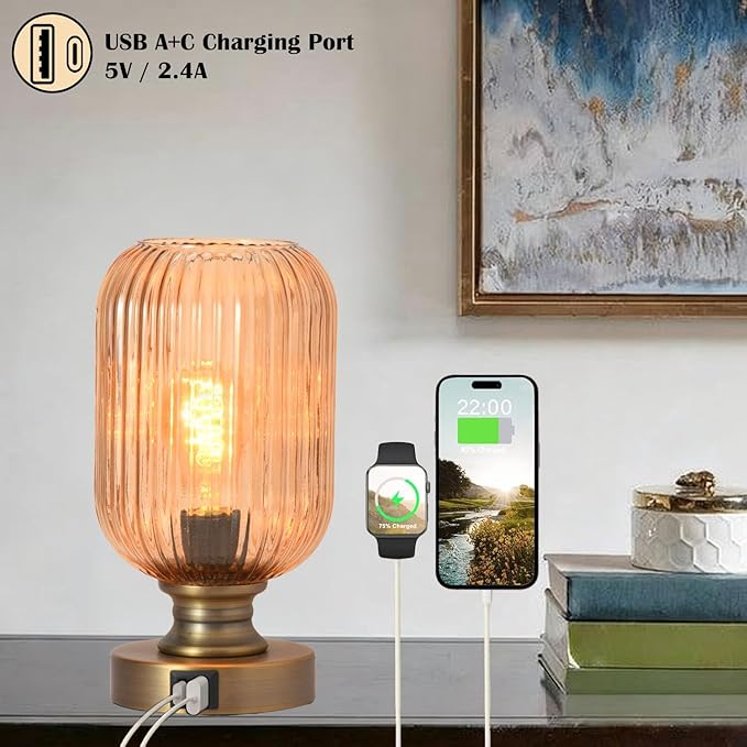 Mid Century Glass Table Lamp,Dimmable Desk Lamp,LED Bulb Included,Touch Control & USB A+C Port,Cognac Amber Ribbed Glass