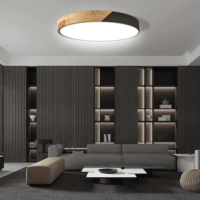 Led Ceiling Light Flush Mount: 15.8 Inch 30W Bedroom Light Fixture with Round Wood Modern Black Flat Overhead Minimalist Ceiling Lamps for Kitchen Hallway Laundry Cold White 6000K, Not Dimmable