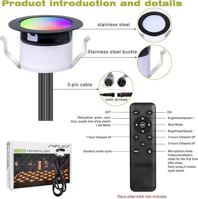 FVTLED LED Deck Lights Kit, Φ1.22 Low Voltage WiFi Pixel RGBW+IC Multi-Color Dynamic Deck Lighting with Remote Control, IP67 Waterproof Outdoor Step Lights DC12V for Garden,Steps,Stair(10 Pack, Black)