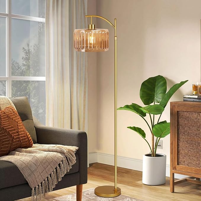 Floor Lamp for Living Room,Bedroom,Gold Dimmable Standing Lamp with Remote,Mid Century Modern Brass Tall Lamp Retro Vintage Glass Lamp Floor Light Boho Bohemian