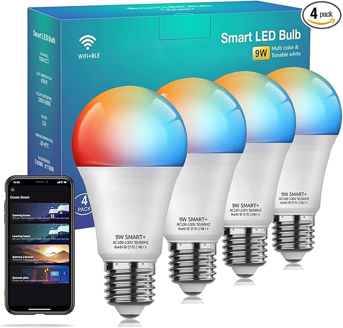 Smart Light Bulbs, WiFi & Bluetooth 5.0, Work with Alexa Google Assistant, App Control, Color Changing LED Bulb, E26 800LM Dimmable RGB Lights, Smart Home Lighting, Dimmable, 4Pack