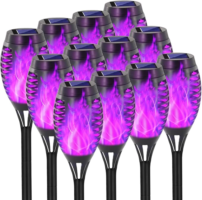 EOYIZW Solar Lights Outdoor, Halloween Decorations Purple Solar Tiki Torches for Outside, 12 Pack Torch Light with Flickering Flame Landscape Outdoor Lights for Yard Patio Garden