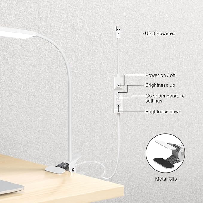 Vansuny Clip on Light LED Desk Lamp with Eye-Caring LED Metal Clip, 11 Level Brightness 3 Color Modes, Power by USB Port 5W Adjustable Neck Reading Light for Home and Office (5W, White)
