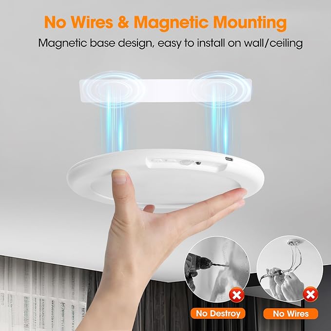 2 Pack Rechargeable Motion Sensor Ceiling Light with Remote - Magnetic Wireless Ceiling Light Battery Powered for Closet Shower Stairs Shed Hallway ect