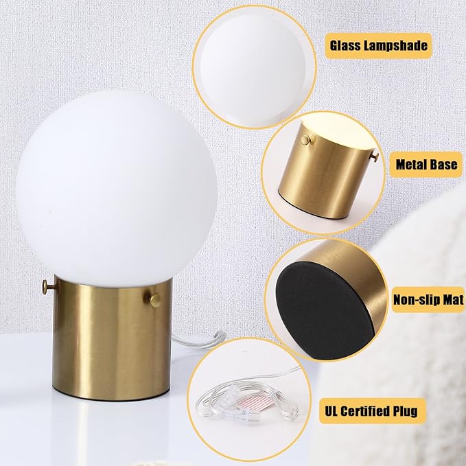 Gold Table Lamp for Nightstand with Frosted Glass Globe Lamp Shade, Mid Century Modern Bedside Lamp with Gold Metal Base, Small Nightstand Lamp Side Table Lamp for Bedroom Living Room Entryway