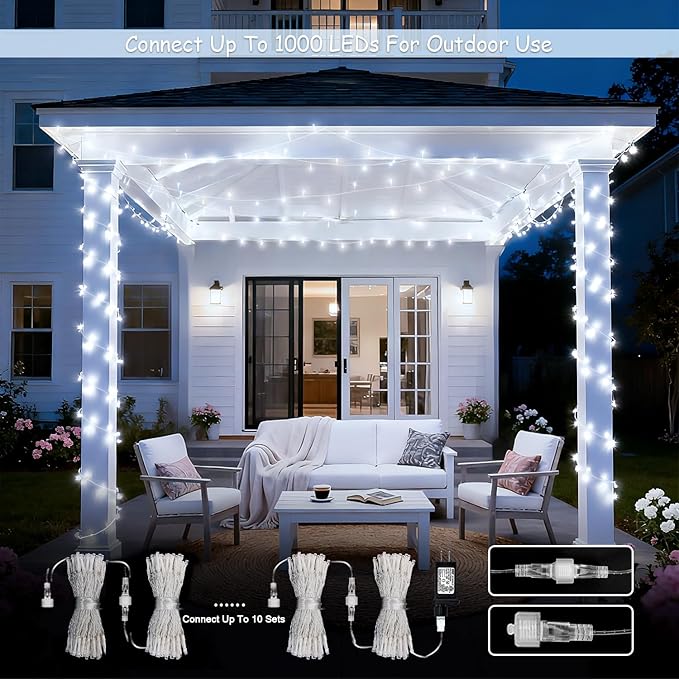 JMEXSUSS 2 Pack 100 LED White Christmas Lights Indoor, 33ft 8 Modes White String Lights Indoor Outdoor Connectable, Clear Wire Christmas String Lights for Bedroom Tree Xmas House Party Decorations