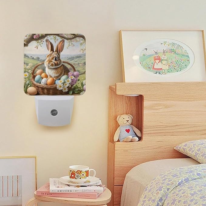 Easter Rabbit Night Light Plug-in,Dusk to Dawn Smart Sensor Led Nightlight for Bedroom Bathroom Kitchen Hallway Stairs Energy Efficient Decor Desk Lamp